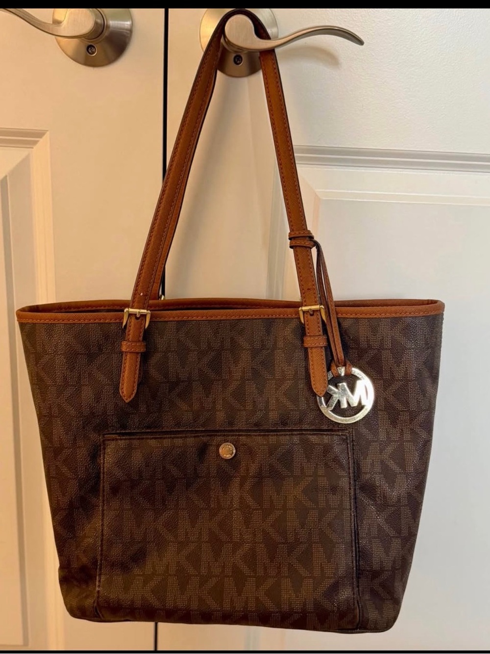 Michael Kors Brown Signature MK Tote with Tan Trim and Silver Charm